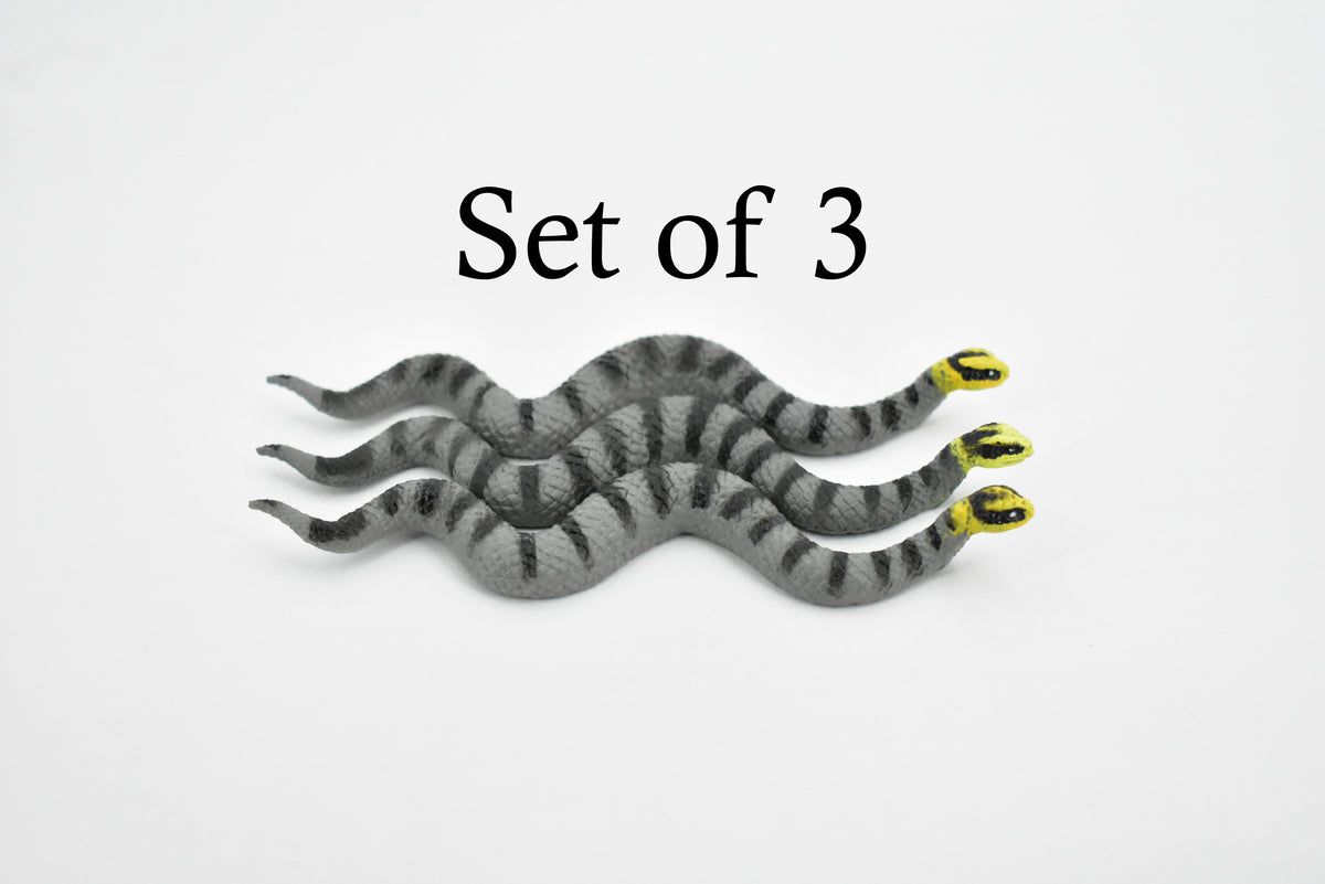 Snake Gray, Black Striped with Yellow Head, Rubber Reptile, Educational, Realistic Hand Painted, Figure, Lifelike Model, Figurine, Replica, Gift,     4"     F1098 B165