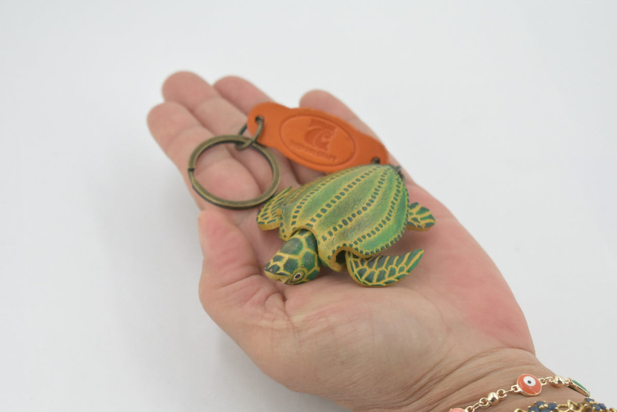 Turtle, Key Chain, Leather Back, Sea Turtle, Reptiles, Hand Made In Thailand, Green, Keychain, Key Fob, Keys, Lifelike Model,  3 Inches. 