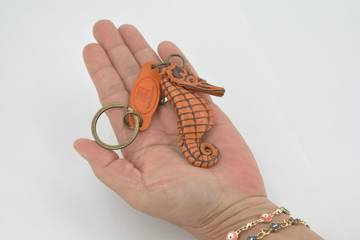 Sea Horse, Key Chain, Leather, Marine Fish, Hippocampus, Hand Made In Thailand, Brown, Keychain, Key Fob, Keys, Lifelike Model,  3 Inches. 