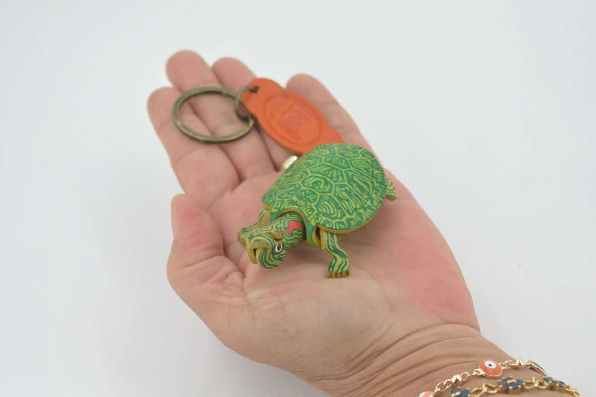 Turtle, Key Chain, Red Eared, Pond, Turtle, Reptiles, Hand Made In Thailand, Green, Keychain, Key Fob, Keys, Lifelike Model,  3 Inches.  