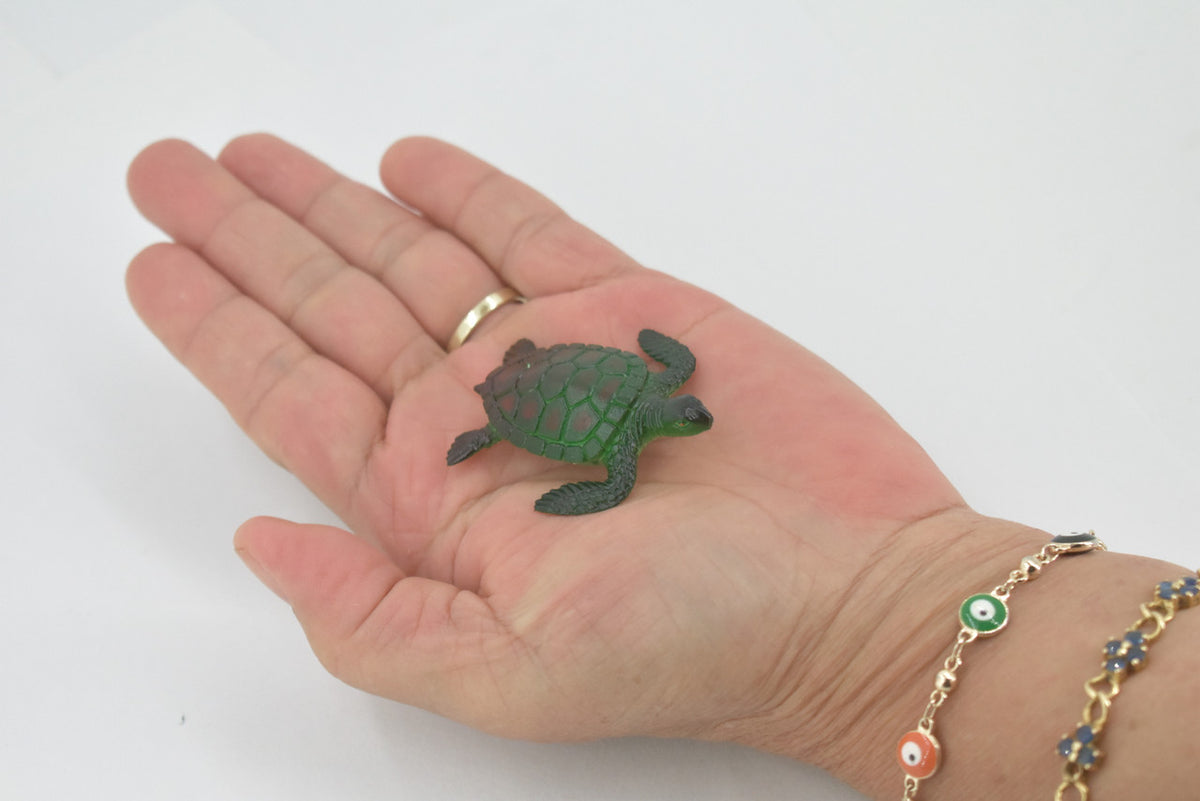Sea Turtle, Rubber, Hand Painted, Turtle Design, Realistic Figure, Educational, Figure, Lifelike, Model, Figurine, Replica, Gift,      2"     F591 B35