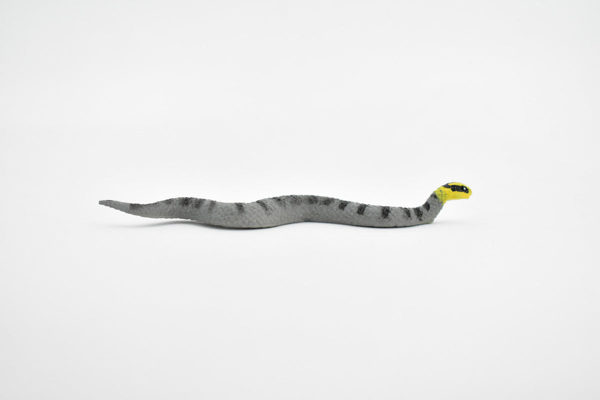 Snake Gray, Black Striped with Yellow Head, Rubber Reptile, Educational, Realistic Hand Painted, Figure, Lifelike Model, Figurine, Replica, Gift,     4"     F1098 B165