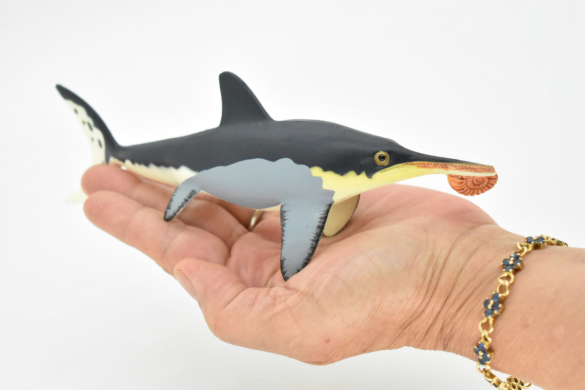 Icthyosaur, Biting Ammonite, Prehistoric Fish, Museum Quality, Rubber Fish, Hand Painted, Realistic Toy Figure, Diorama Model, Kids, Educational, 8 Inches. 