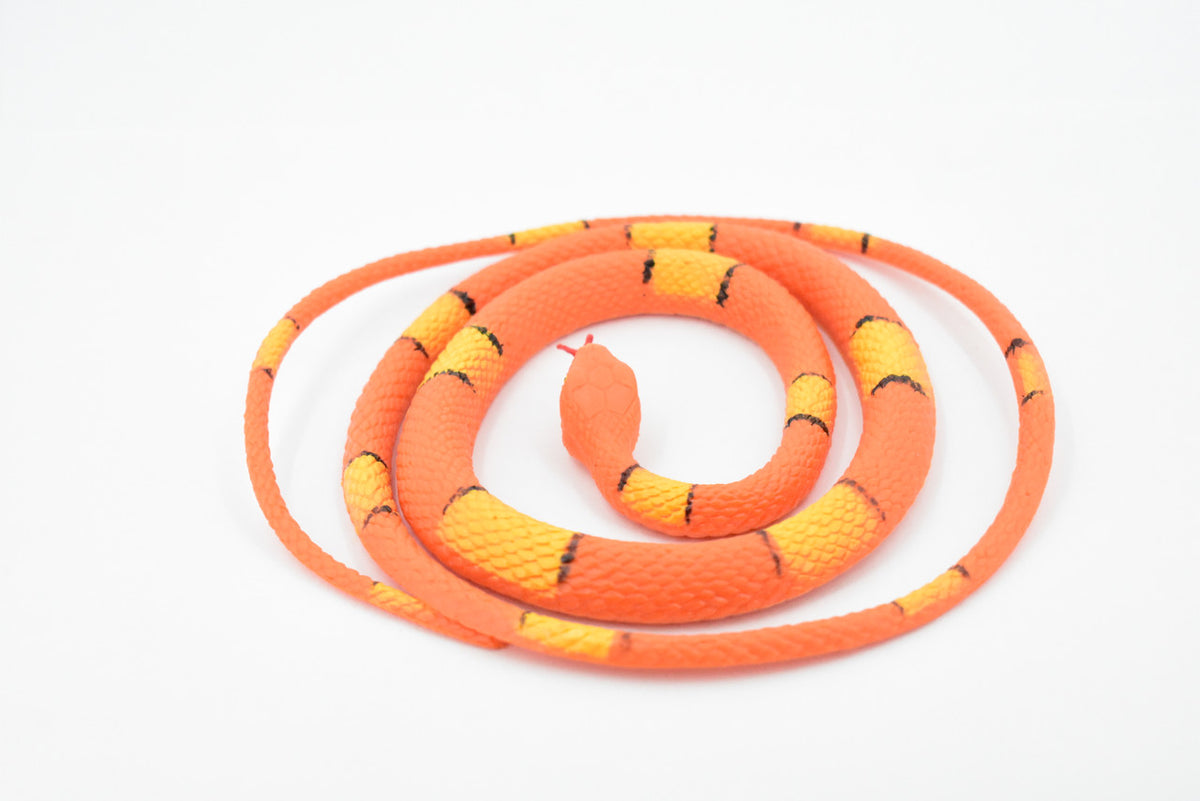 Snake, Orange with yellow bands, Rubber Reptile, Educational, Realistic Hand Painted, Figure, Lifelike Model, Figurine, Replica, Gift,       36"       F3580 B355