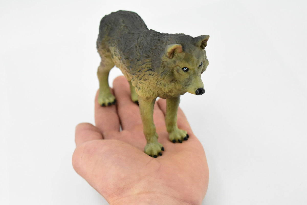 Wolf, Brown and Black, Timber Wolf, Museum Quality, Hand Painted, Rubber Animal, Educational, Realistic, Figure, Lifelike Figurine, Replica,  7 Inches.