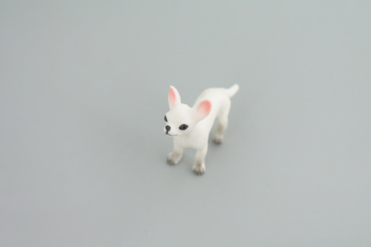 Chihuahua Dog, White, Rubber Canine, Hand Painted, Educational, Realistic, K9, Diorama, Figure, Model, Replica, Toys, Kids, Gift,   1 3/4 Inches.   CH823 BB194